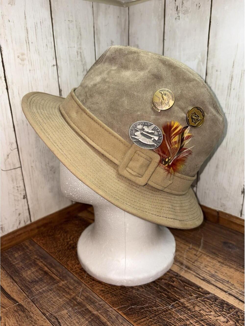 Vtg Dobbs Men's Suede Leather Light Tan Fédora Hat With Buckle Size 7 1/2 w/Pins